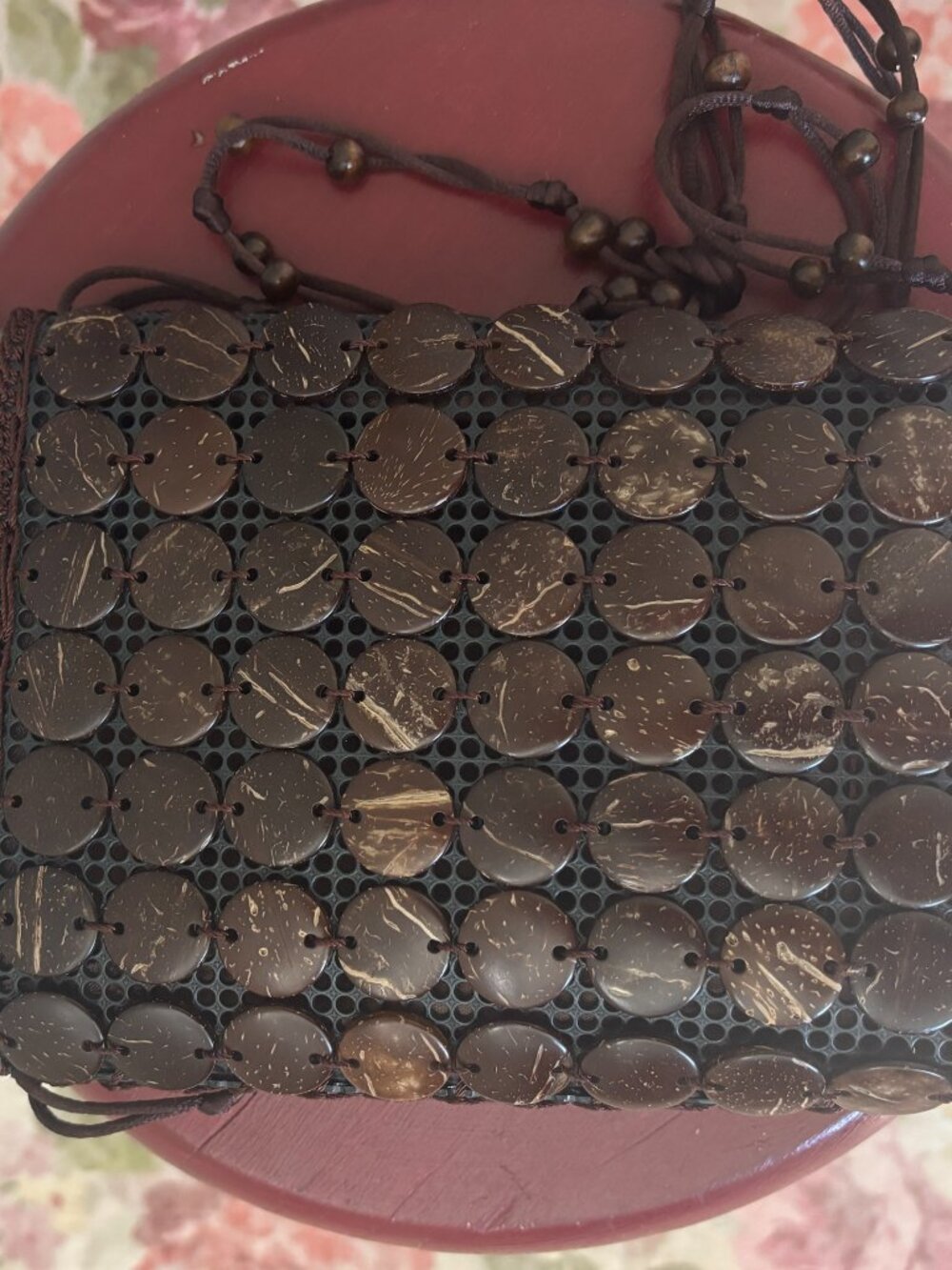 Coconut Shell Beaded Crossbody Bag — Boho Wood Disc Purse - Picture 3 of 4